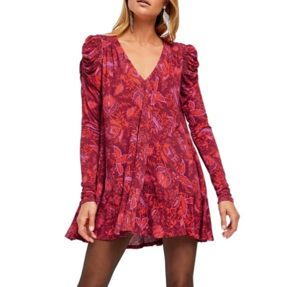 Free People Hello Lover Tunic Red Burgundy Floral Size XS